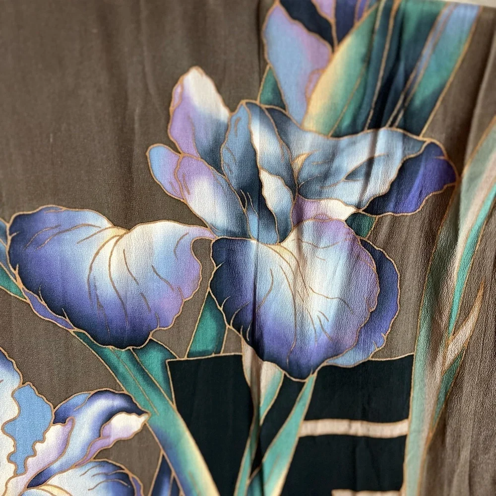 Hand Painted Silk Iris Scarf 100% Natural Silk Wearable Art Long Floral Wrap